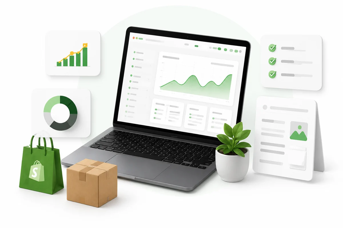 A planning desk with a calculator and a structured Shopify subscription budget