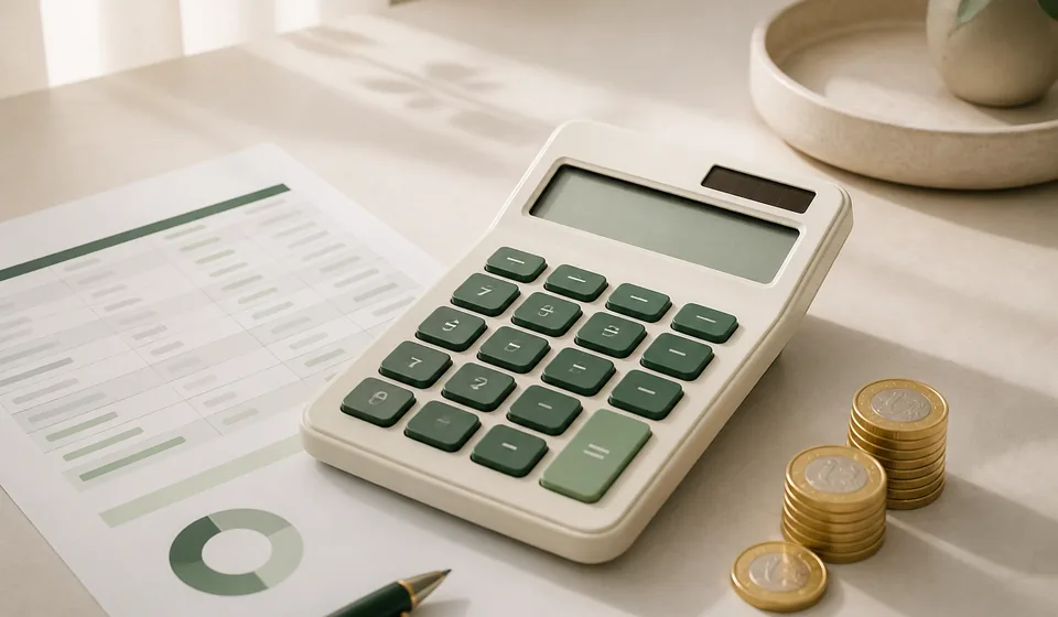 A planning desk with a calculator and a structured ecommerce launch budget