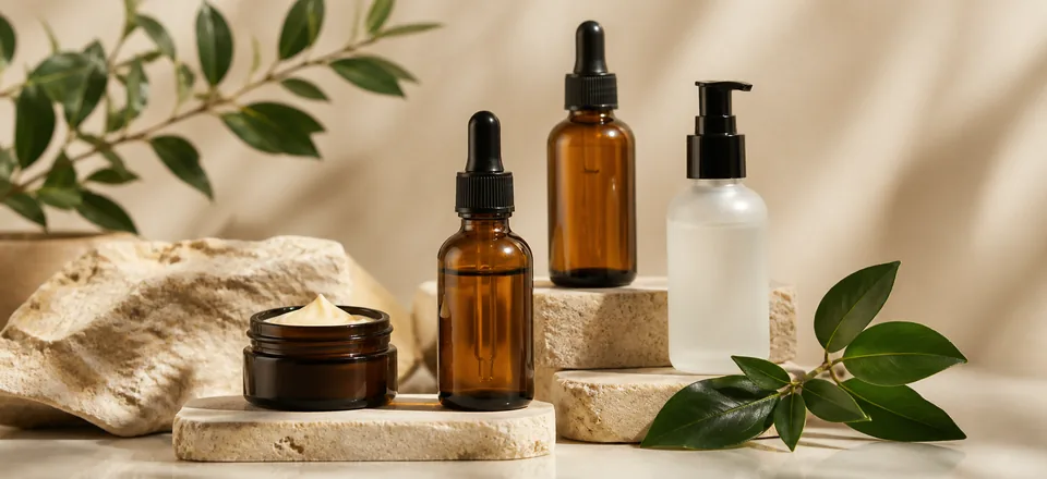 Beauty products and botanical ingredients prepared for a Shopify catalog