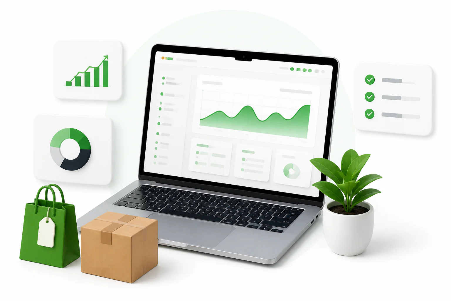 Un ordinateur portable, un paquet de commerce et des cartes de décision utilisées pour comparer les plateformes de commerce électronique